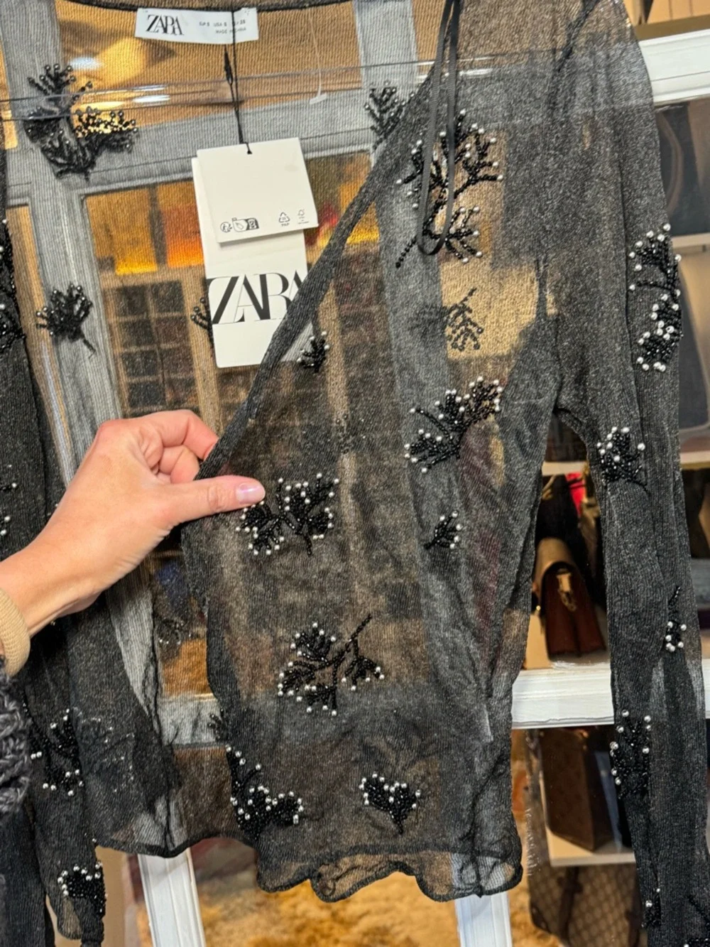 Zara Black Sheer Beaded Mesh Cardigan shrug shawl - Picture 5 of 6